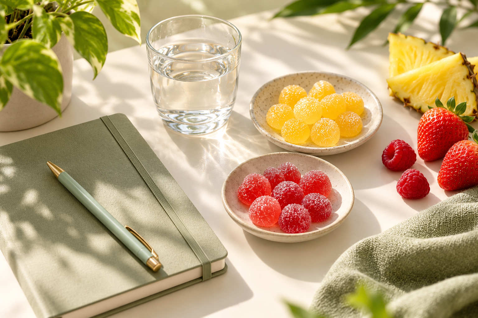Illustrative daily wellness desk with fruit and gummy samples